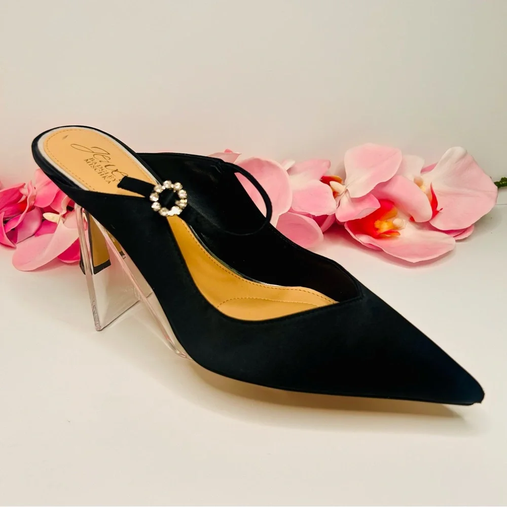 Jewel Badgley Mischka | Kaylin Pointed Toe Mule - Black Satin Heels (Size 8.5) - Picture 15 of 16